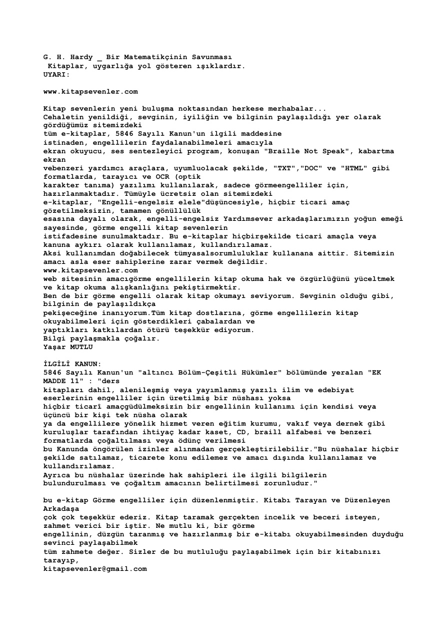 Bir Matematikçinin Savunması PDF – G. H. Hardy