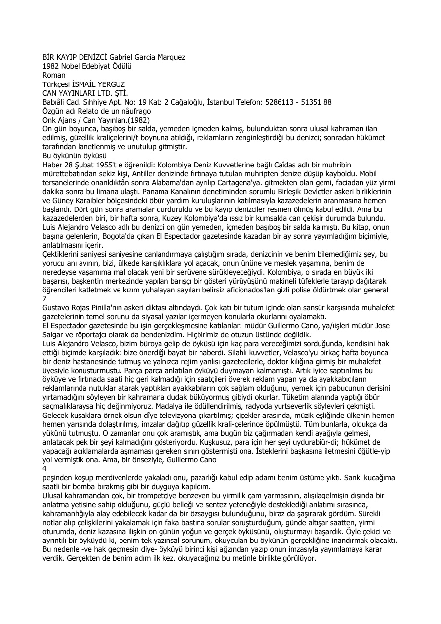 Bir Kayıp Denizci PDF – Gabriel García Márquez