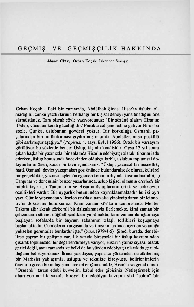 Geçmiş ve Geçmişçilik Hakkında PDF – Ahmet Oktay, Orhan Koçak, İskender Savaşır