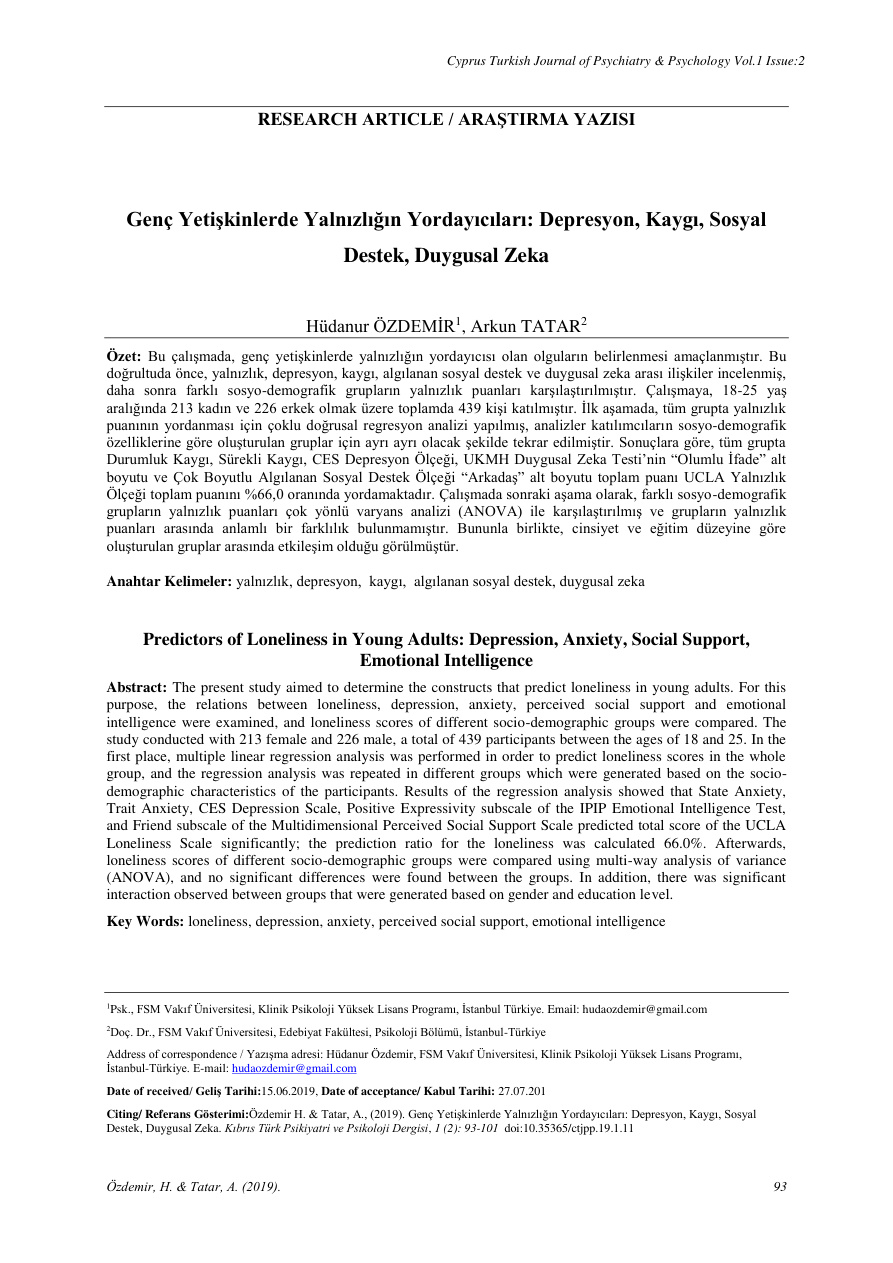Genç Yetişkinlerde Yalnızlığın Yordayıcıları PDF – Akademik Çalışma/Kolektif