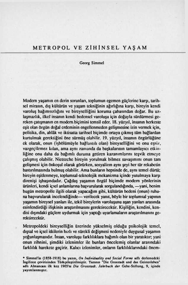 Metropol ve Zihinsel Yaşam PDF – Georg Simmel