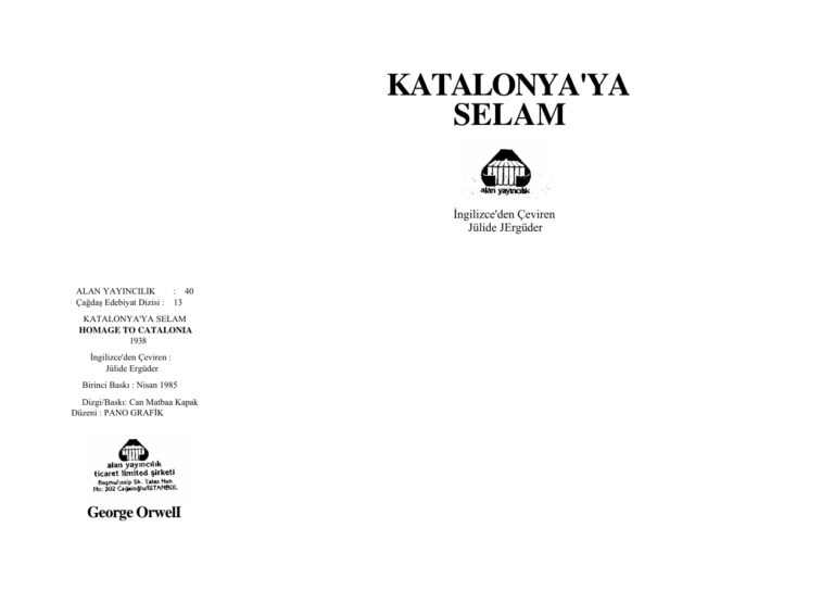 George Orwell Katalonya'ya Selam Kitap Kapağı