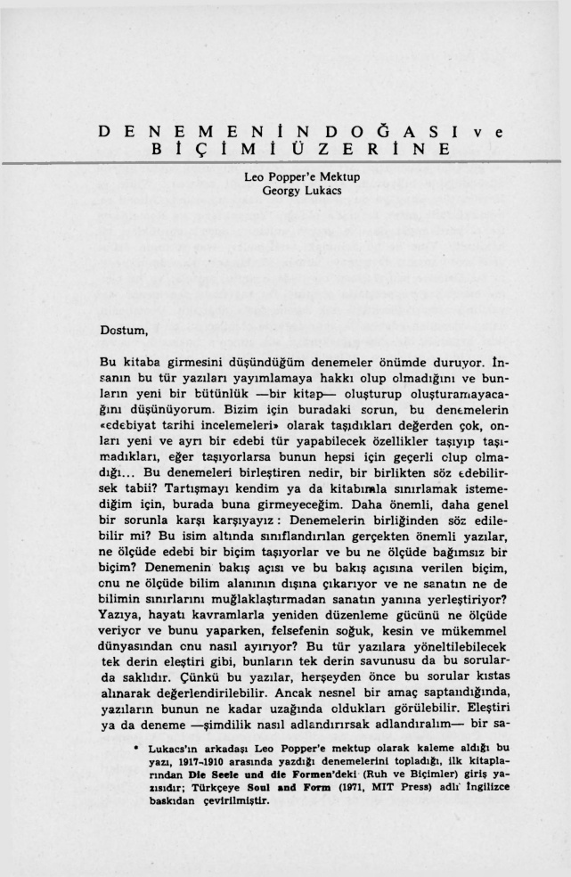 Denemenin Doğası ve Biçimi Üzerine; Leo Popper’e Mektup PDF – Georg Lukacs