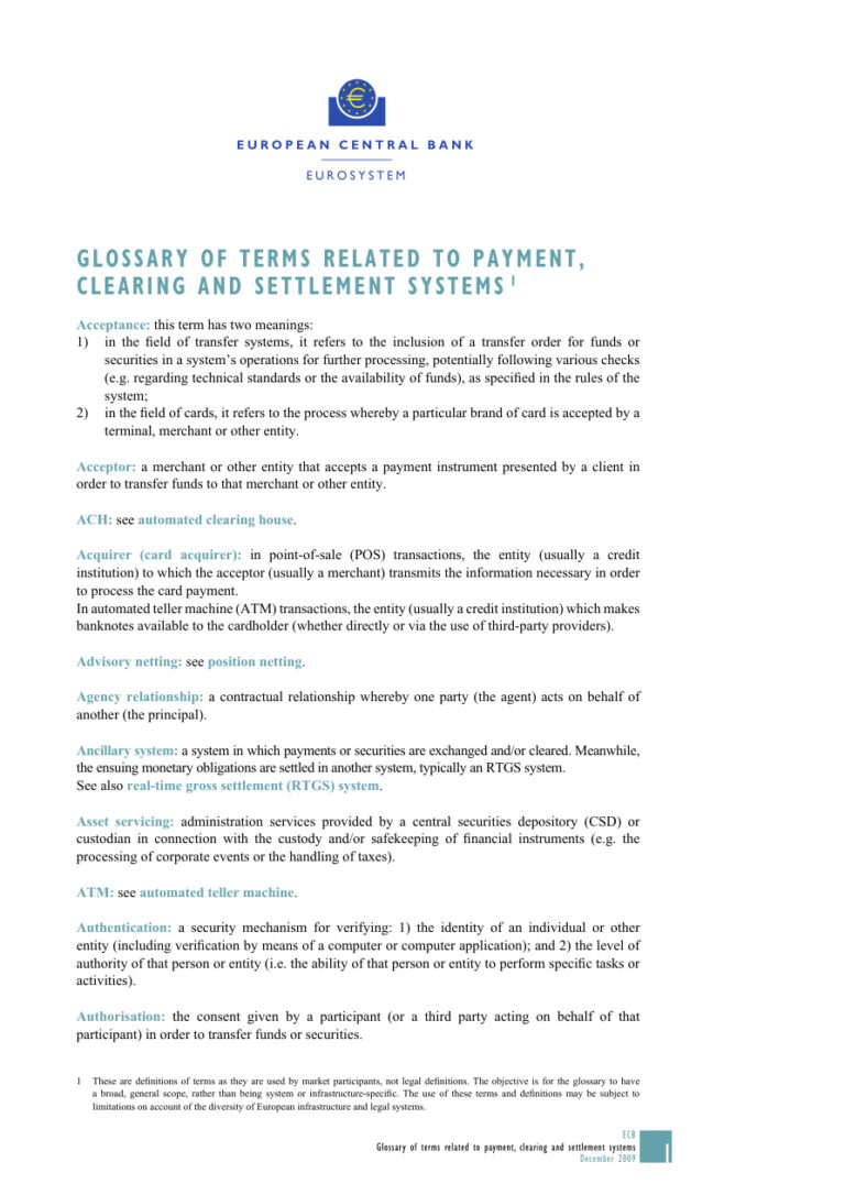 Glossary: Payment Clearing and Settlement Systems PDF - Unknown / CPSS 1 Glossary Payment clearing andsettlement system Kitap Kapağı