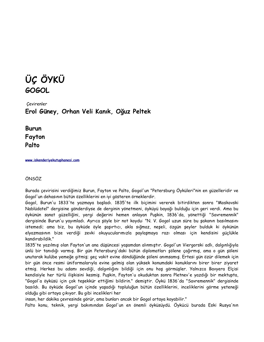 Burun / Fayton / Palto PDF – Nikolay Vasilyeviç Gogol