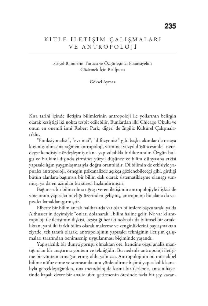 Kitle İletişim Çalışmaları ve Antropoloji PDF – Göksel Aymaz