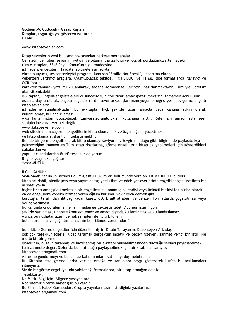 Gazap Kuşları PDF – Colleen McCullough