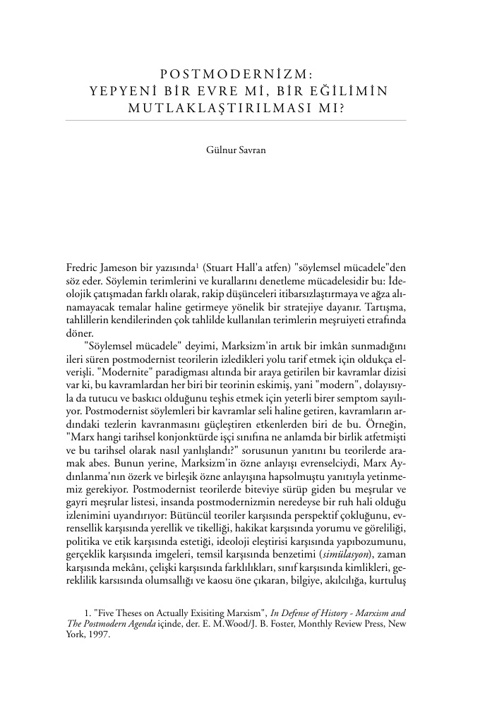 Postmodernizm: Yepyeni Bir Evre mi? PDF – Gülnur Savran
