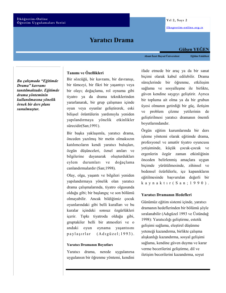 Yaratıcı Drama PDF – Gülşen Yeğen