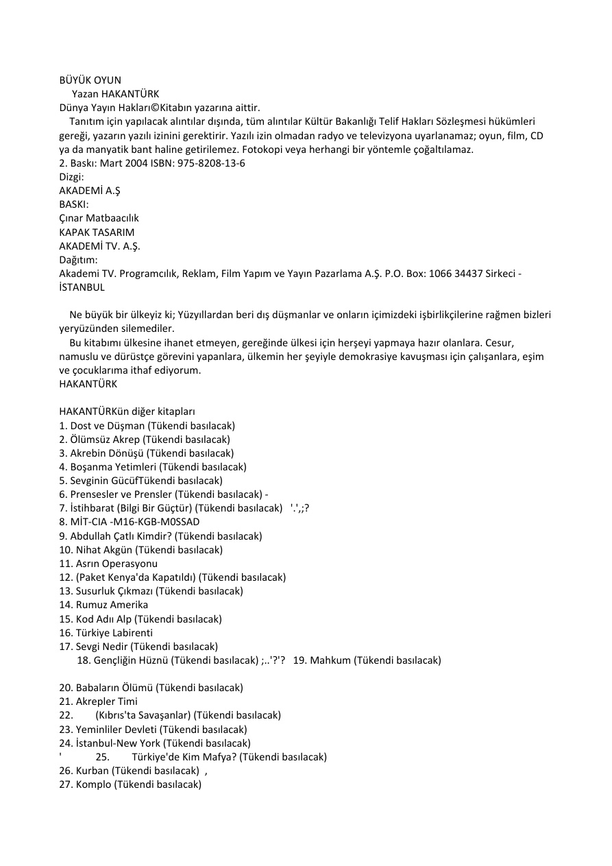 Büyük Oyun PDF – Hakan Türk