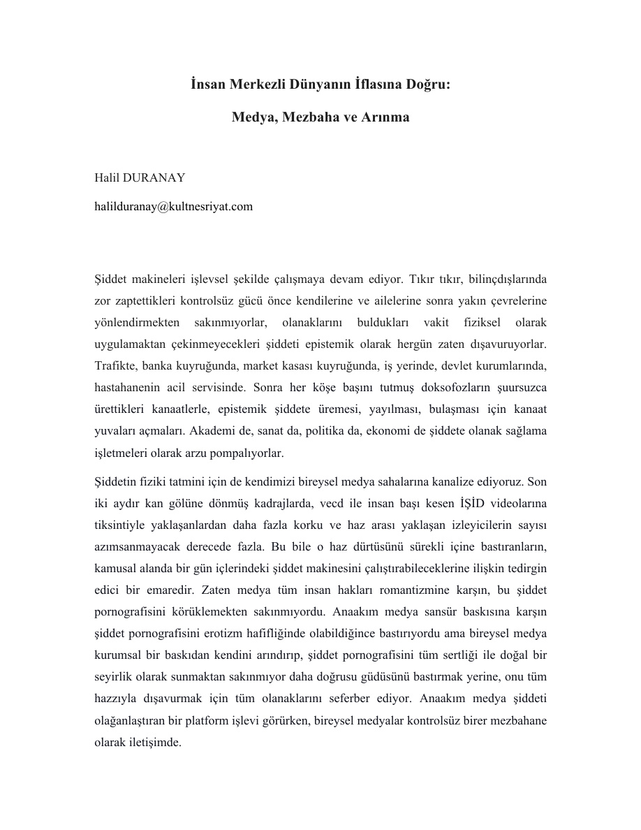 İnsan Merkezli Dünyanın İflasına Doğru PDF – Halil Duranay