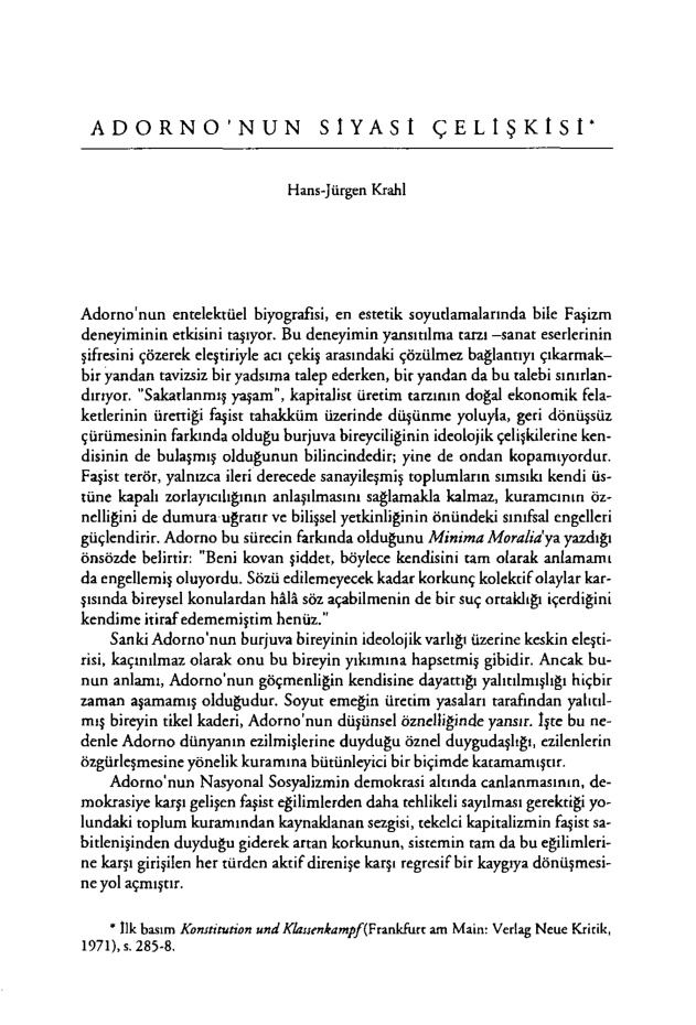 Adorno’nun Siyasi Çelişkisi PDF – Hans-Jürgen Krahl