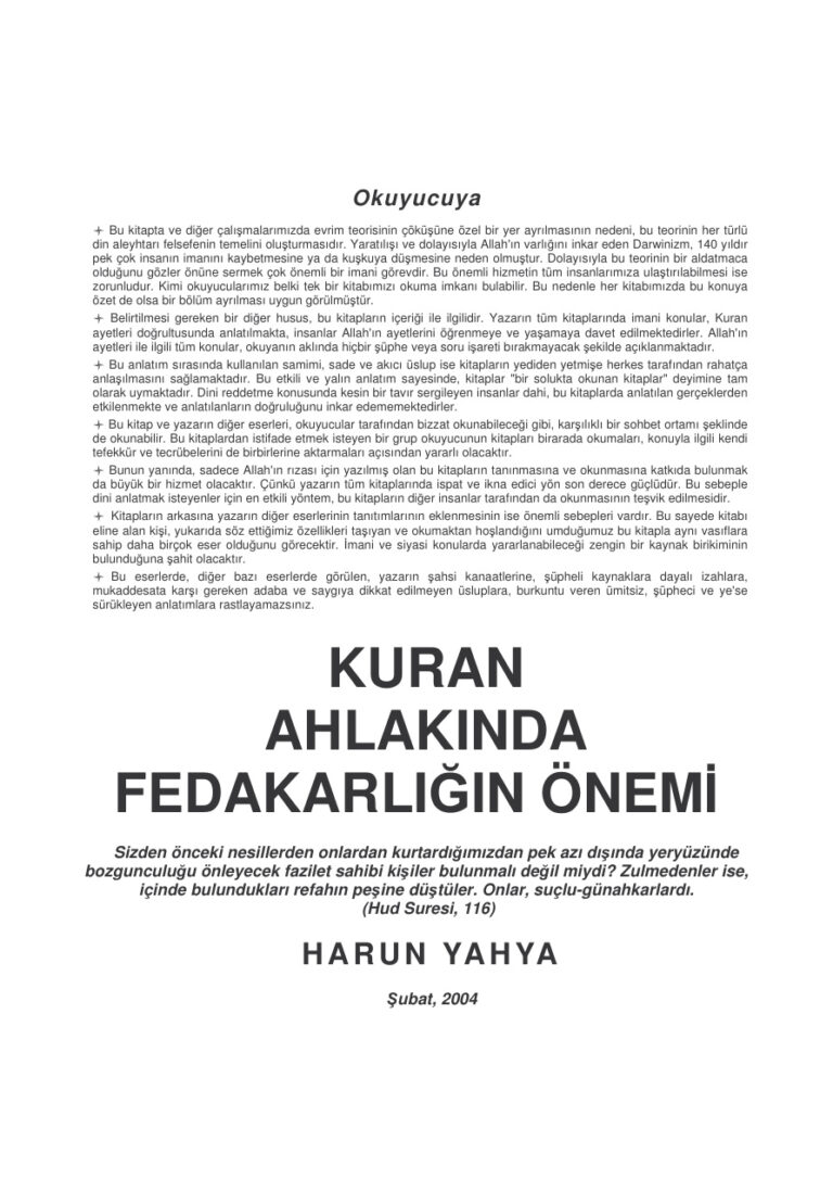 Harun Yahya Kur'an Ahlakında Fedakarlığın Önemi Kitap Kapağı