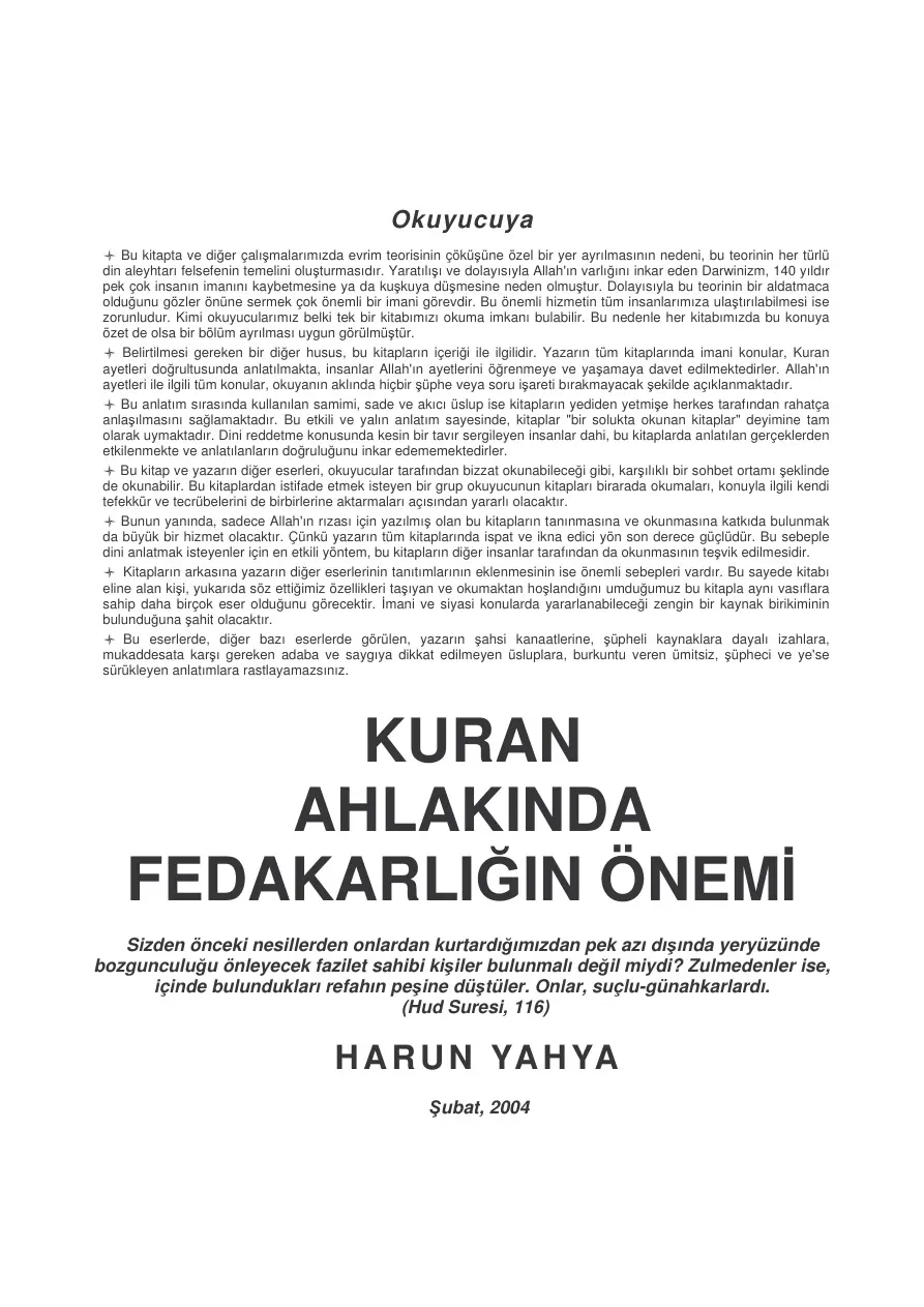 Kur’an Ahlakında Fedakarlığın Önemi PDF – Harun Yahya (Adnan Oktar)