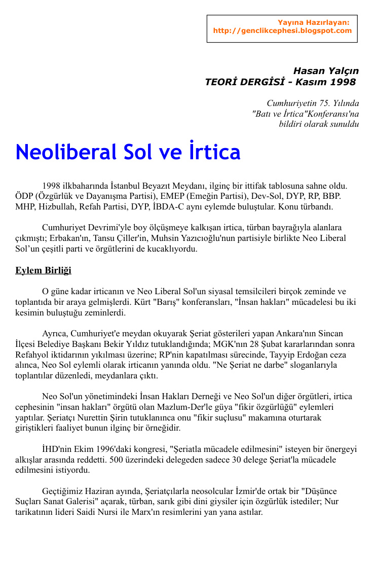 Neoliberal Sol ve İrtica PDF – Hasan Yalçın
