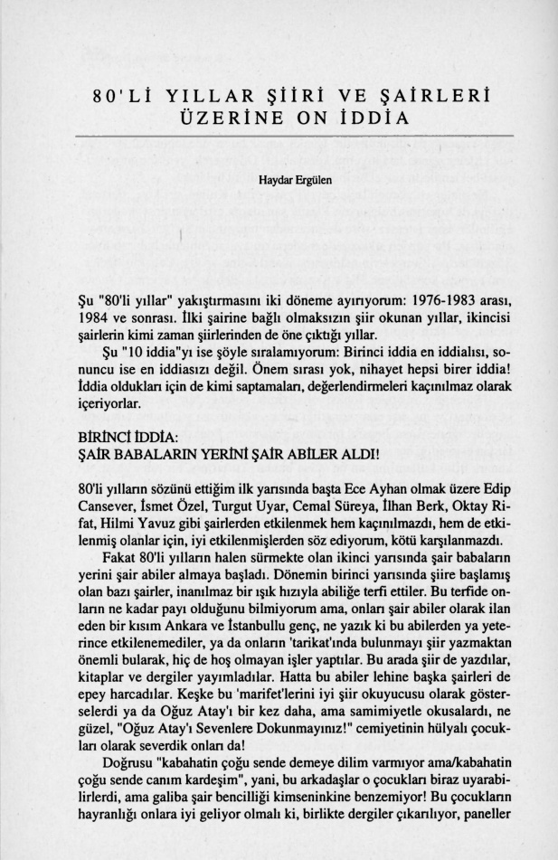 80’li Yıllar Şiiri ve Şairleri Üzerine On İddia PDF – Haydar Ergülen