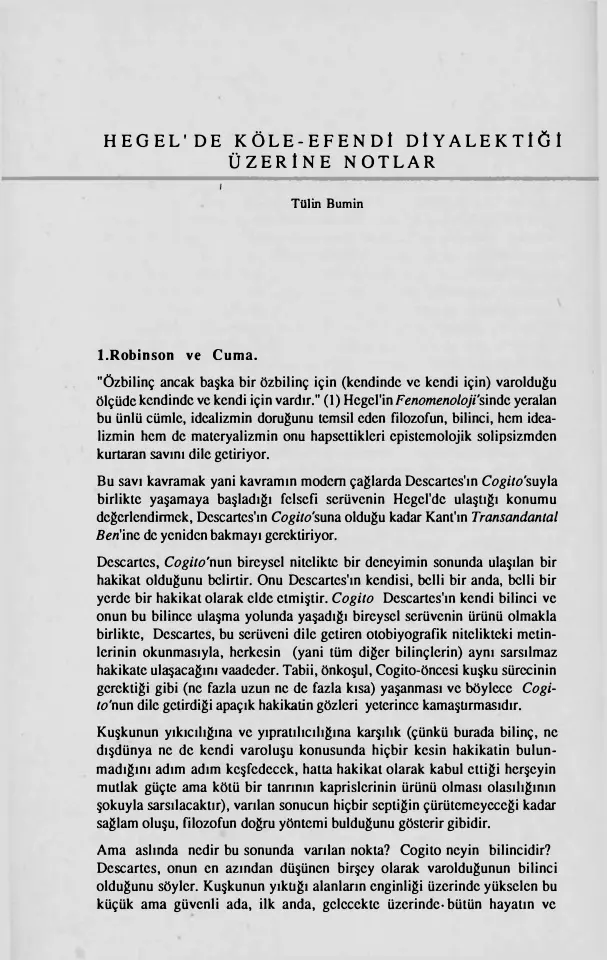 Hegel’de Köle-Efendi Diyalektiği Üzerine Notlar PDF – Tülin Bumin