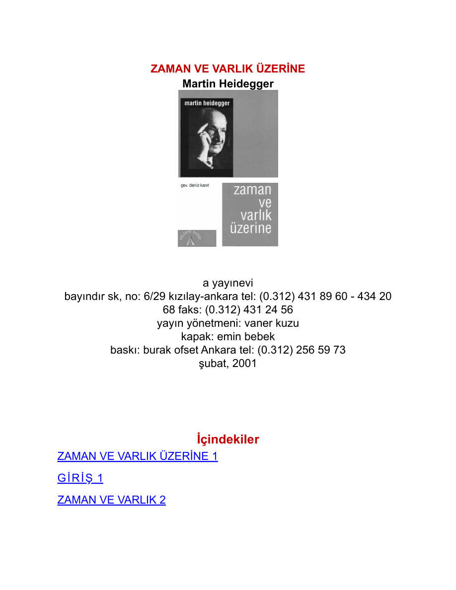 Zaman ve Varlık Üzerine PDF – Martin Heidegger