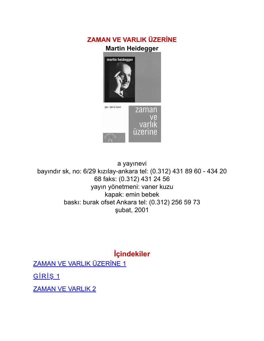 Zaman ve Varlık Üzerine PDF – Martin Heidegger
