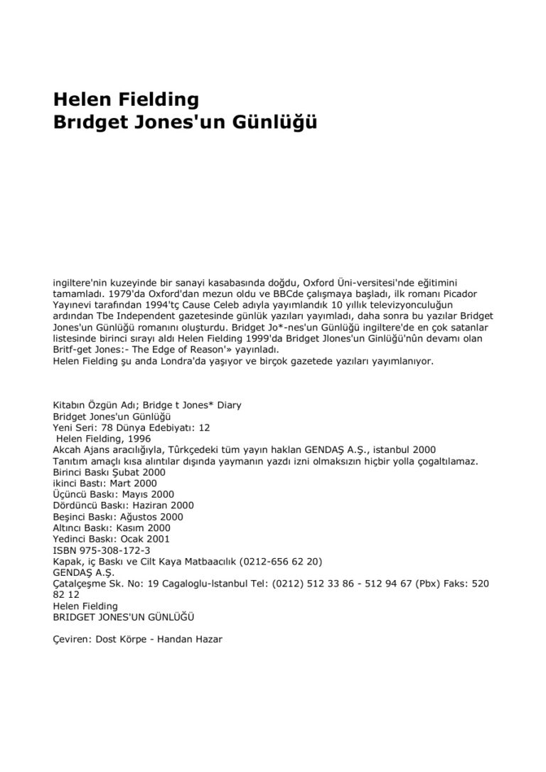 Helen Fielding Brıdget Jones'un Gunlugu Kitap Kapağı