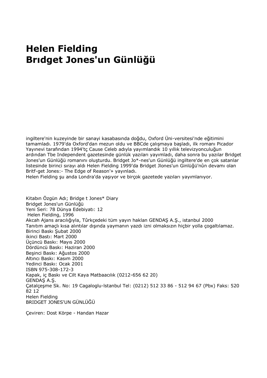 Bridget Jones’un Günlüğü PDF – Helen Fielding