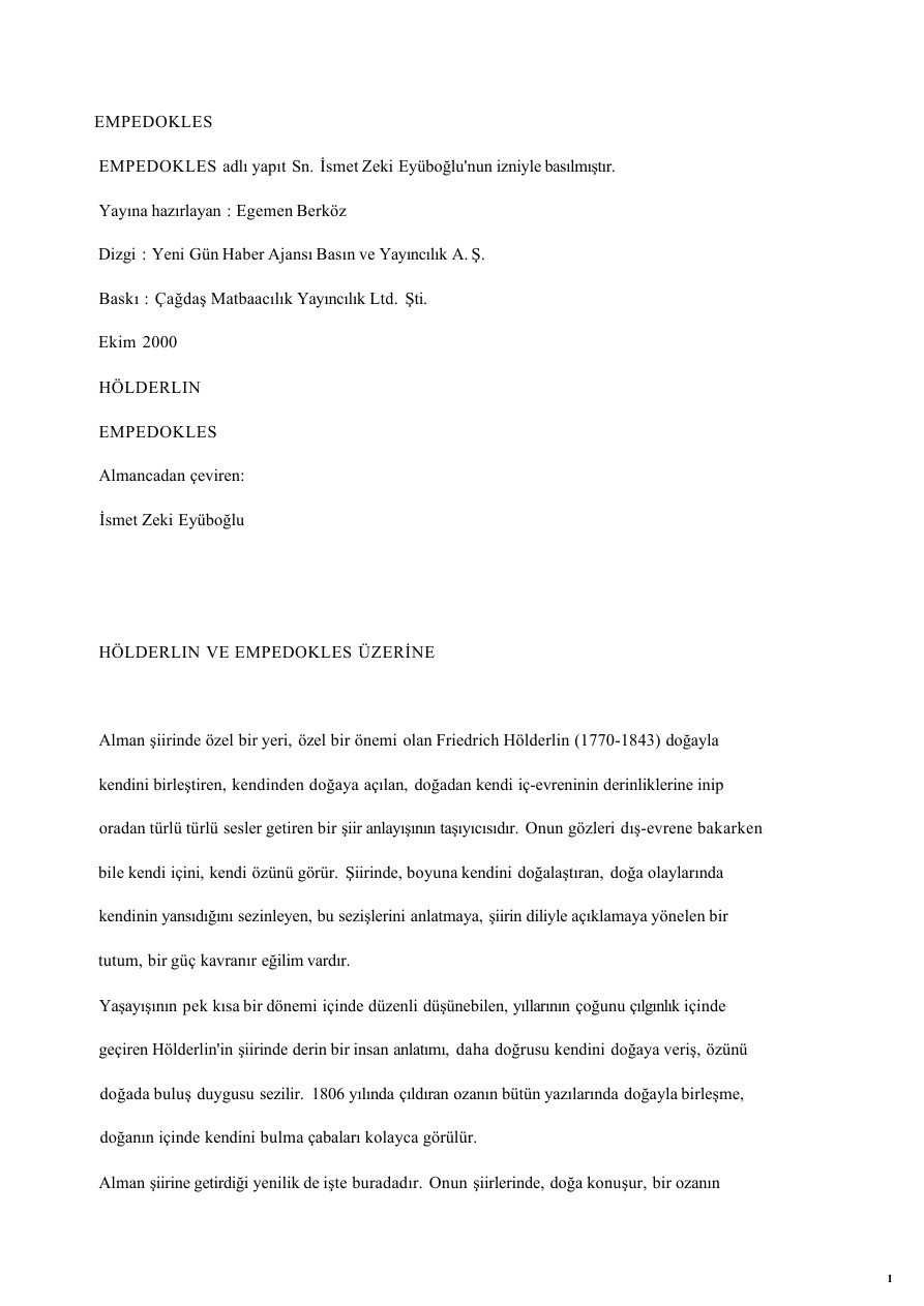 Empedokles Üzerine PDF – Friedrich Hölderlin