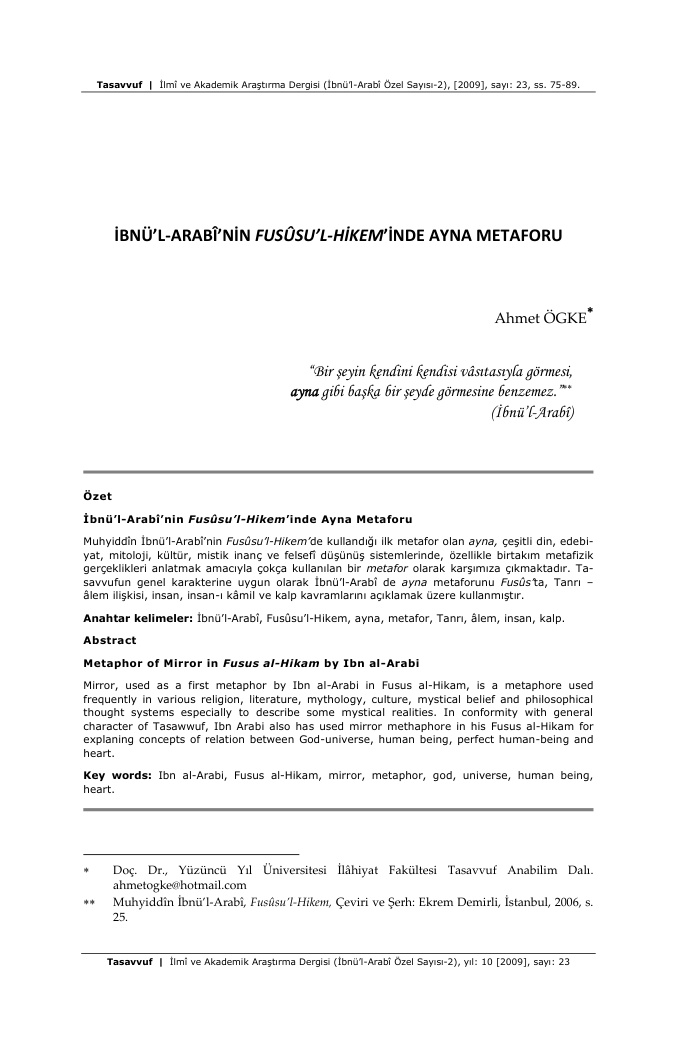 İbnü’l-Arabî’nin Fusûsu’l-Hikem’inde Ayna Metaforu PDF – Akademik İnceleme