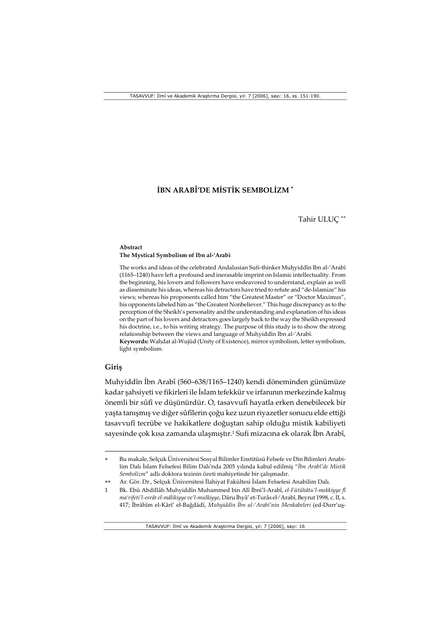 İbn Arabi’de Mistik Sembolizm PDF – Tahir Uluç