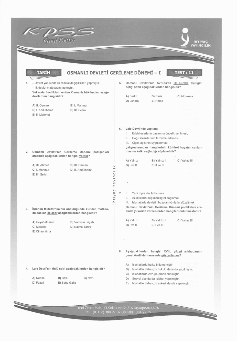 İhtiyaç Tarih Test 11 PDF – İhtiyaç Akademi Komisyon