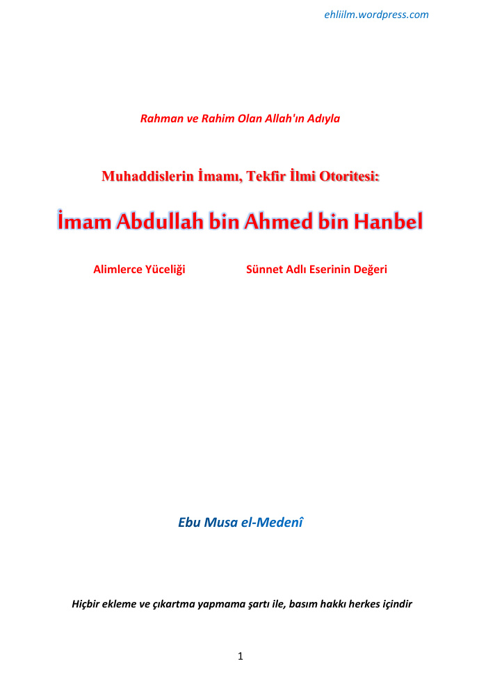 İmam Abdullah Bin Ahmed Bin Hanbel ve Sünnet Adlı Eseri PDF – Bilinmiyor / Akademik İnceleme