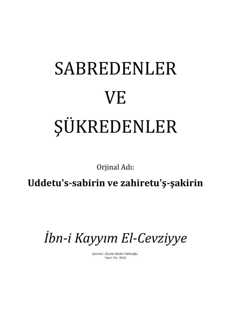 İbn i Kayyım El Cevziyye Sabredenler ve Şükredenler Kitap Kapağı