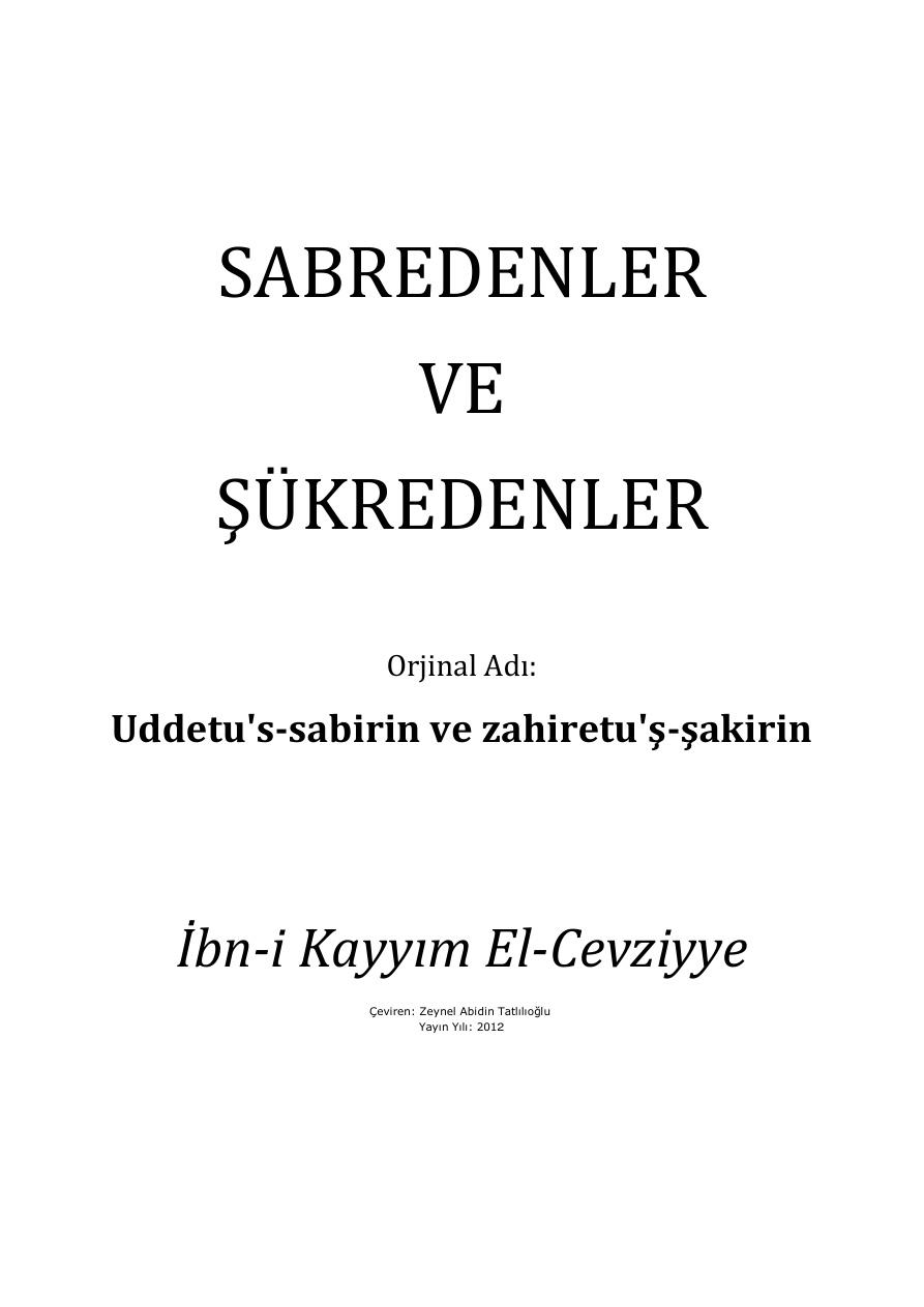 Sabredenler ve Şükredenler PDF – İbn-i Kayyim El-Cevziyye