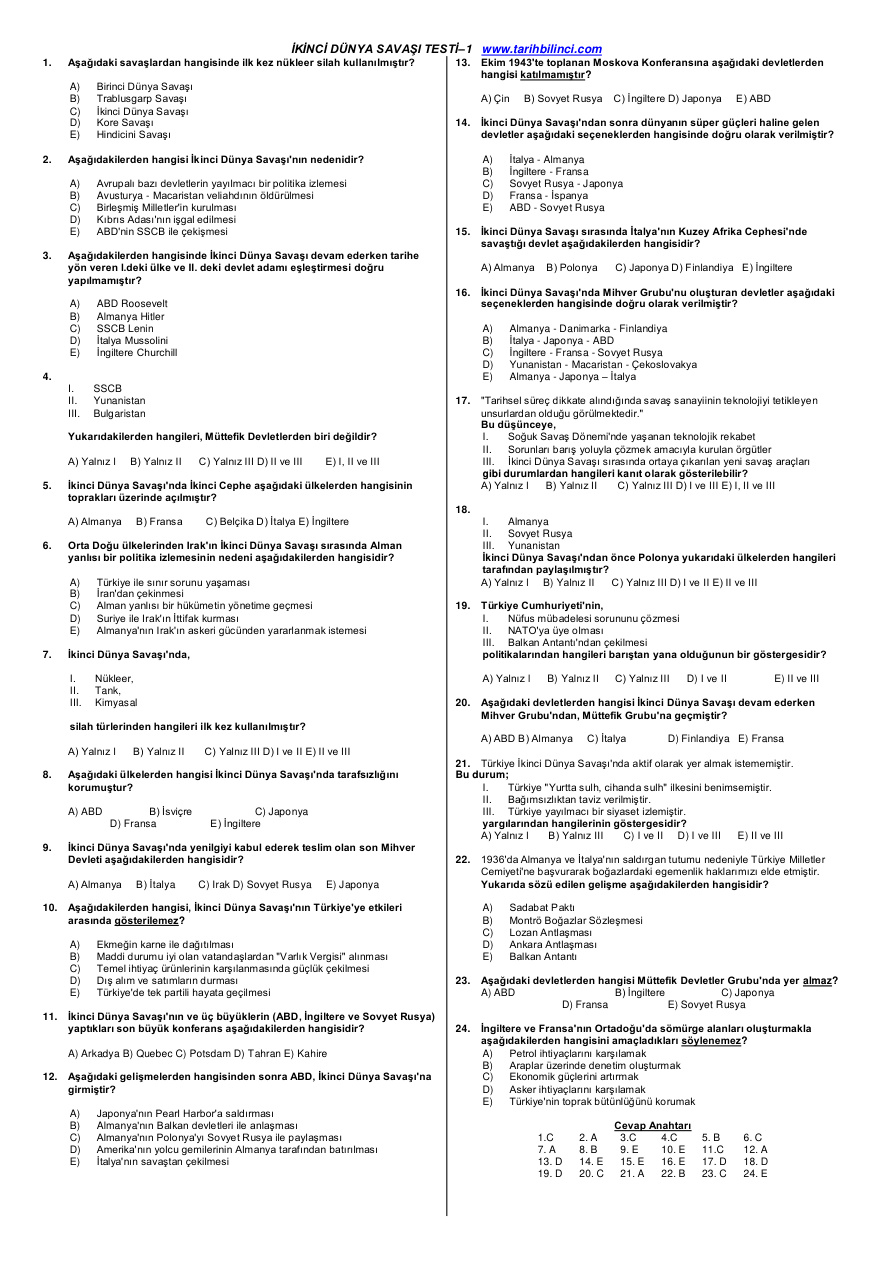 İkinci Dünya Savaşı Testi 1 PDF – İhtiyaç Akademi Komisyon
