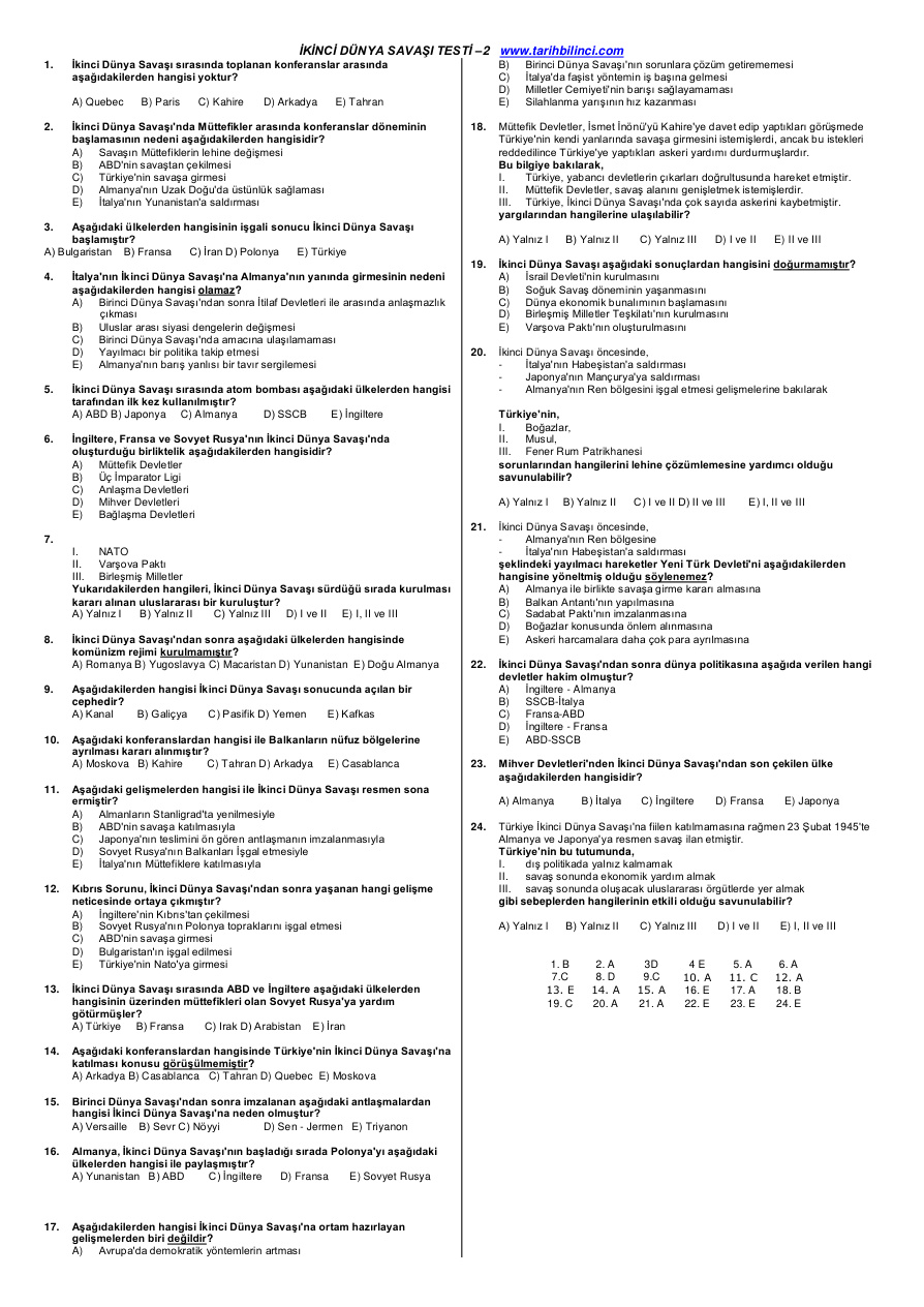 İkinci Dünya Savaşı Testi 2 PDF – İhtiyaç Akademi Komisyon