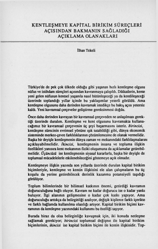 Kentleşmeye Kapital Birikim Süreçleri Açısından Bakmanın Sağladığı Açıklama Olanakları PDF – İlhan Tekeli