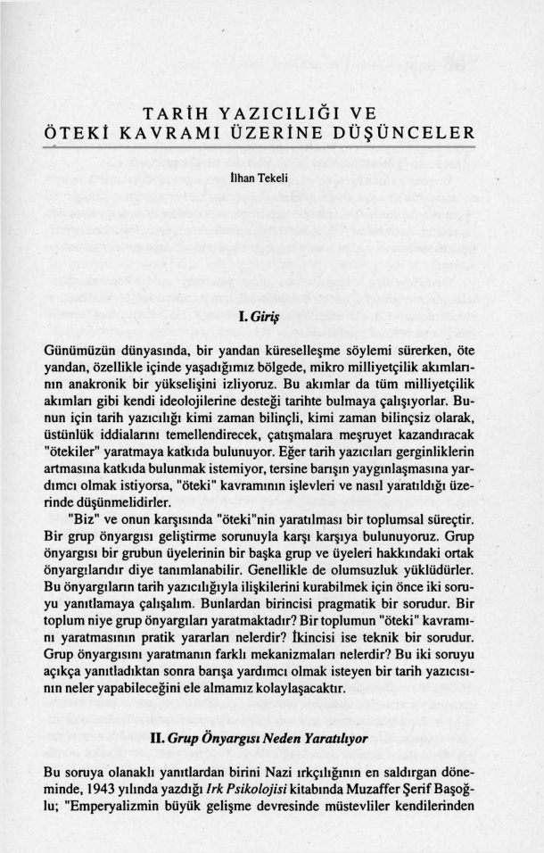 Tarih Yazıcılığı ve Öteki Kavramı Üzerine Düşünceler PDF – İlhan Tekeli