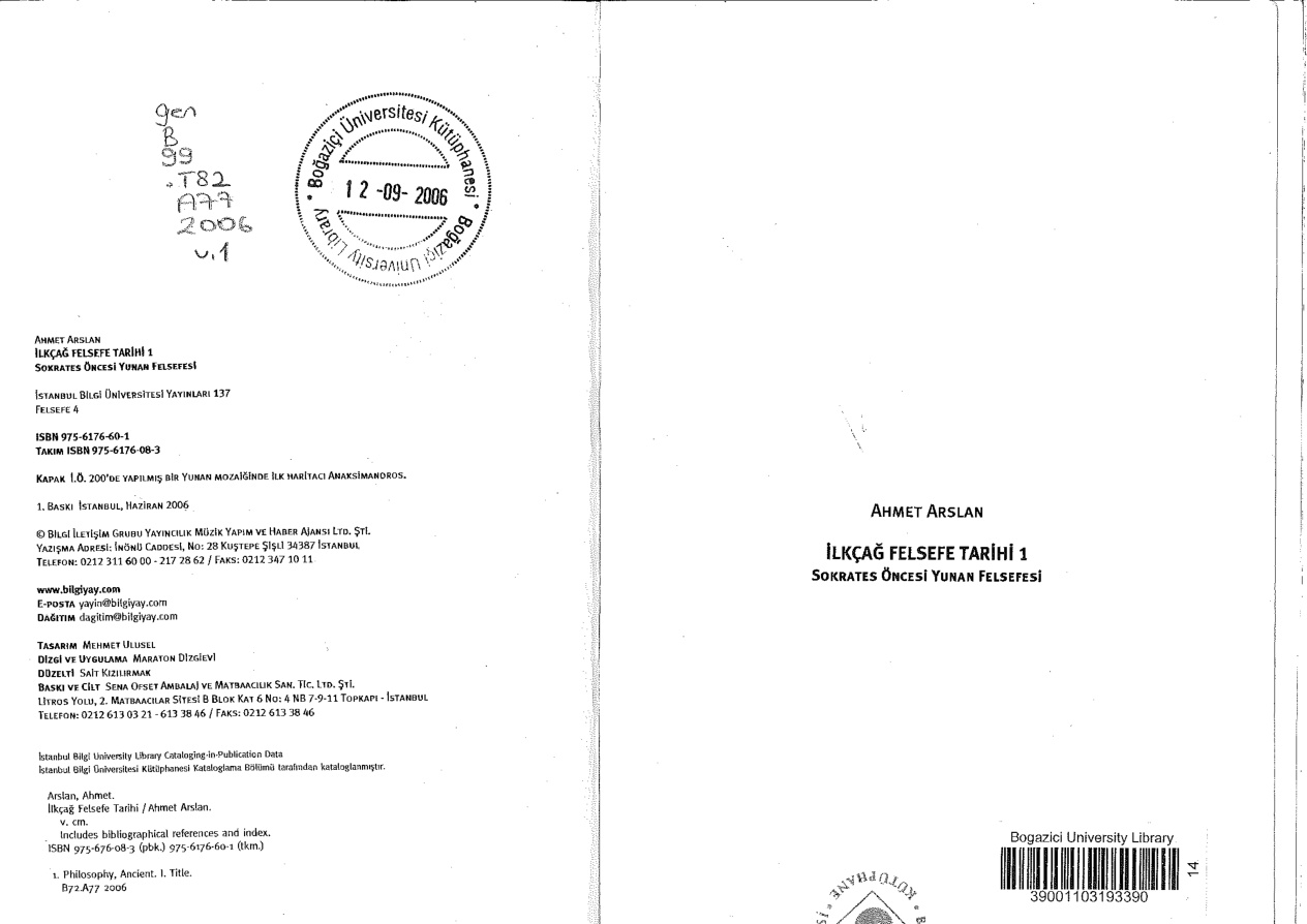 İlkçağ Felsefesi Tarihi 1 (Sokrates Öncesi Yunan Felsefesi) PDF – Ahmet Arslan