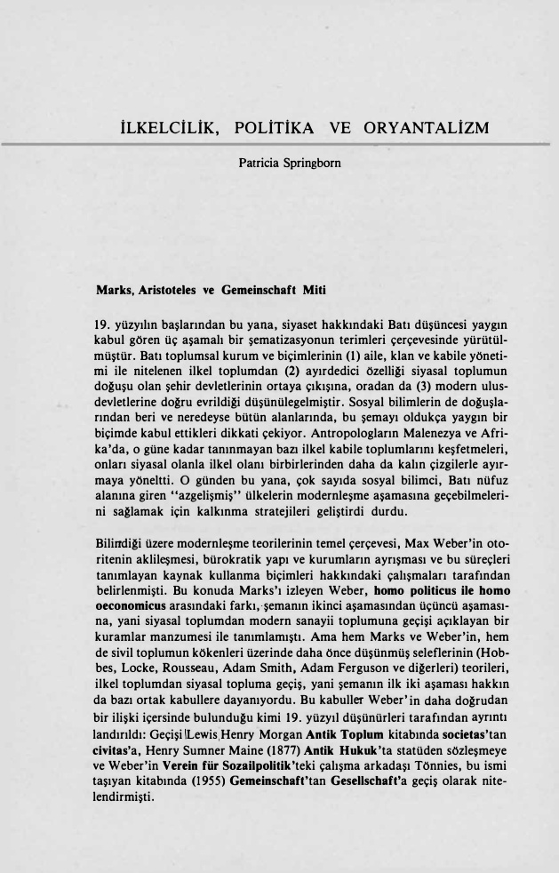 İlkelcilik, Politika ve Oryantalizm PDF – Patricia Springborn