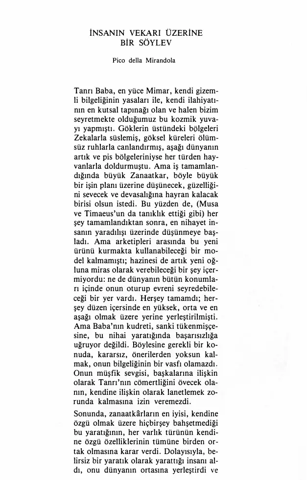 İnsanın Vekarı Üzerine Bir Söylev PDF – Pico della Mirandola