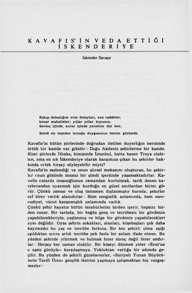 Kavafis’in Veda Ettiği İskenderiye PDF – İskender Savaşır