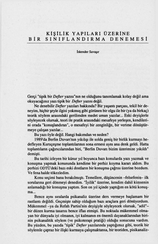 Kişilik Yapıları Üzerine Bir Sınıflandırma Denemesi PDF – İskender Savaşır
