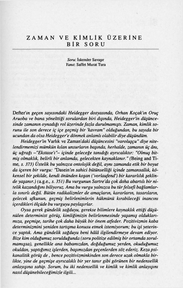 İskender Savaşır’dan Zaman ve Kimlik Üzerine Bir Soru PDF – İskender Savaşır & Saffet Murat Tura