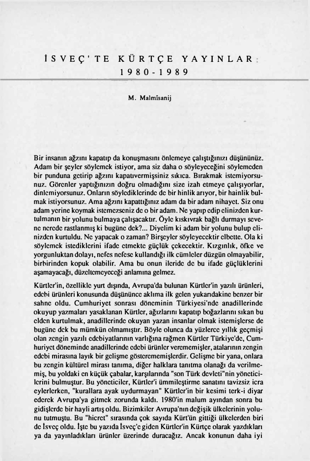 Isveç'te Kürtçe Yayinlar 1980 1989 M. Malmisanij Kitap Kapağı