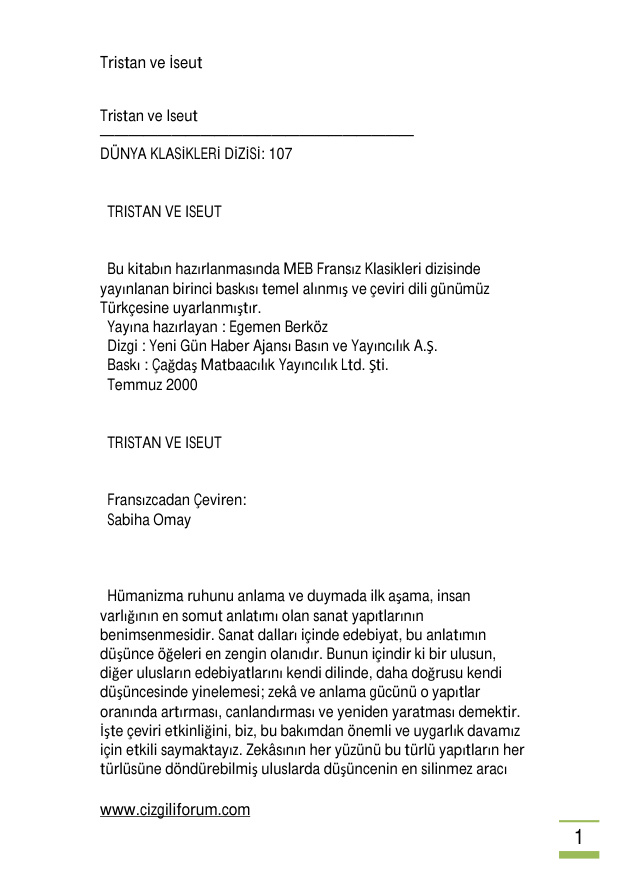 Tristan ve Iseut PDF – Joseph Bédier