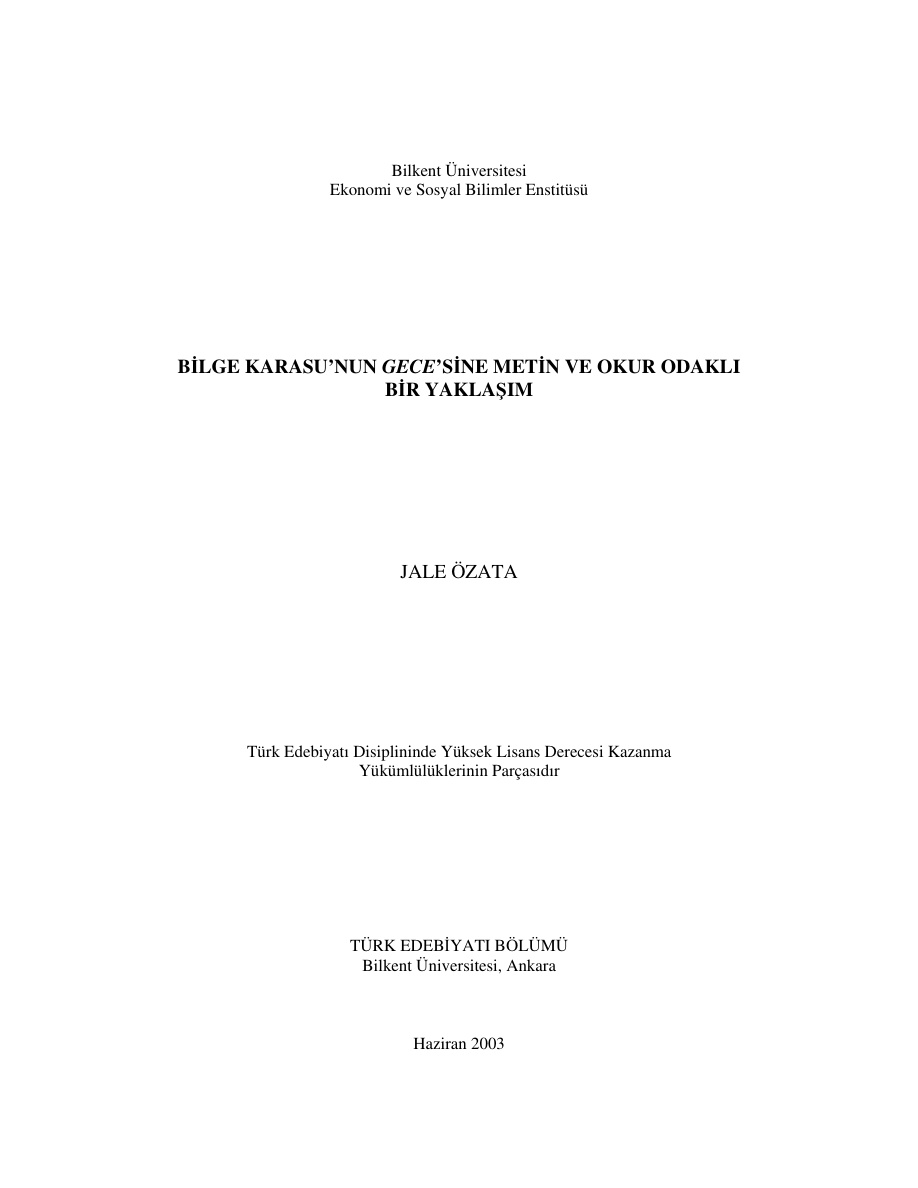 Bilge Karasu’nun Gece’sine Metin ve Okur Odaklı Bir Yaklaşım PDF – Jale Özata