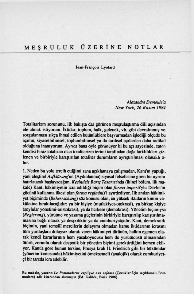 Meşruluk Üzerine Notlar PDF – Jean-François Lyotard