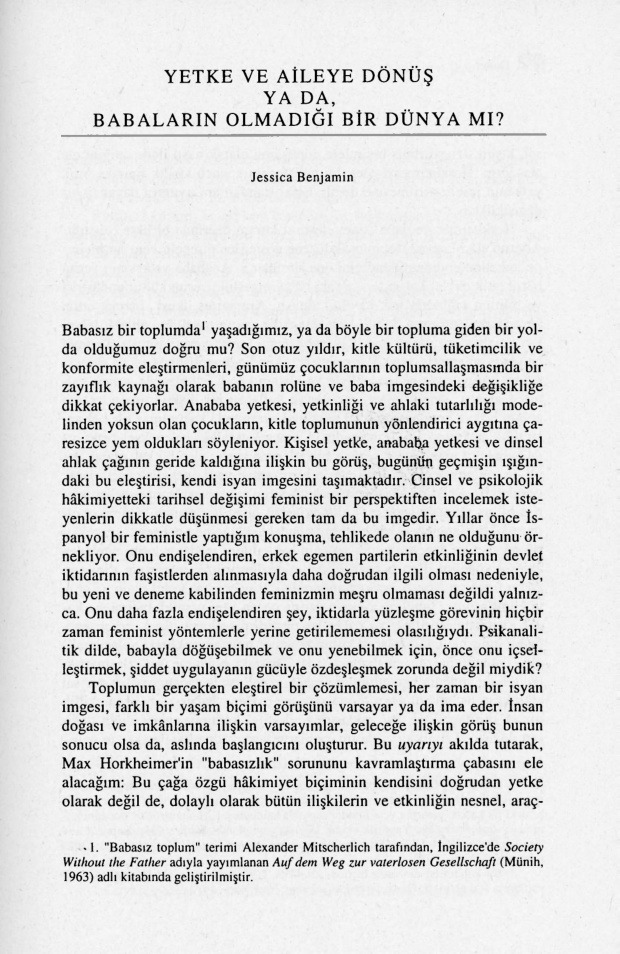 Yetke ve Aileye Dönüş ya da, Babaların Olmadığı Bir Dünya Mı? PDF – Jessica Benjamin
