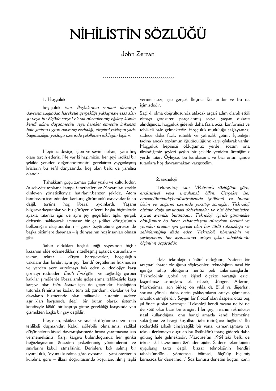 Nihilistin Sözlüğü PDF – John Zerzan