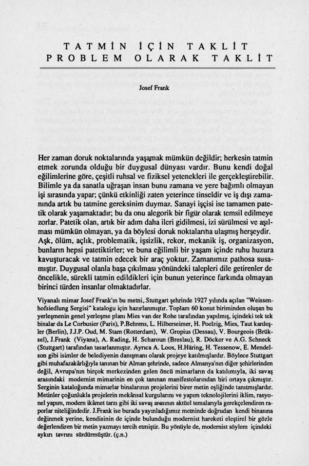 Tatmin İçin Taklit, Problem Olarak Taklit PDF – Josef Frank