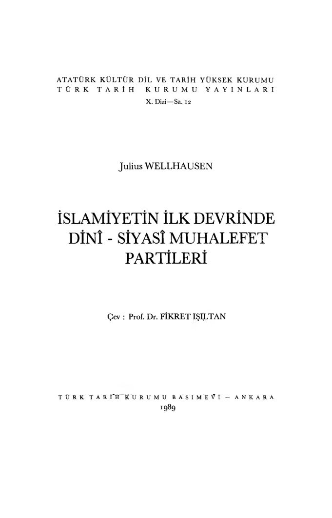 İslamiyetin İlk Devrinde Dini-Siyasi Muhalefet Partileri PDF – Julius Wellhausen